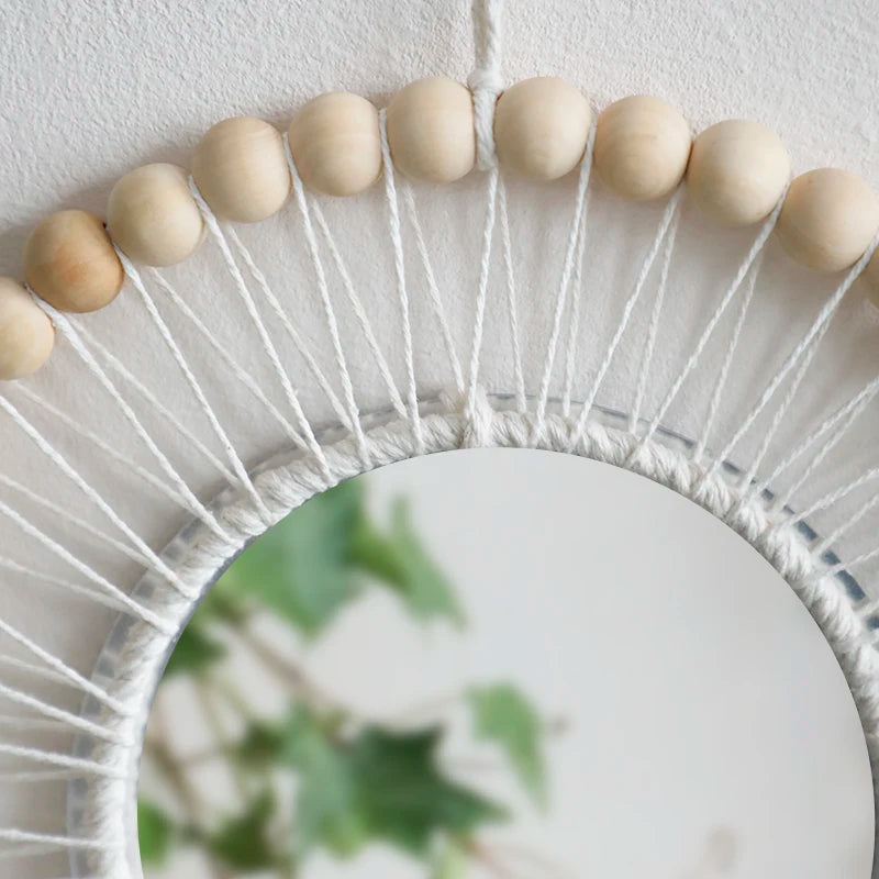 Macrame Wall Mirror with Wooden Beads - Boho Decorative Mirror, Aesthetic Wall Art