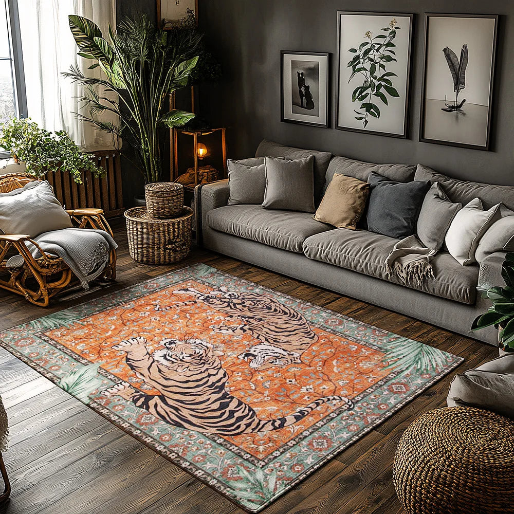 Orange Red Tiger Pattern Bohemian Rug - Ethnic Carpet for Living Room