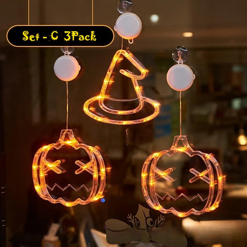 Halloween LED Window Clings Set - Suction Cup Light Decorations 3-Pack