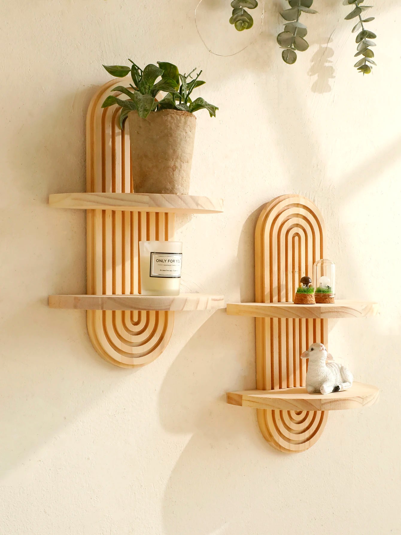 Boho Style Wooden Wall Shelves - Geometric Wall Mounted Shelves, Natural Wood Finish