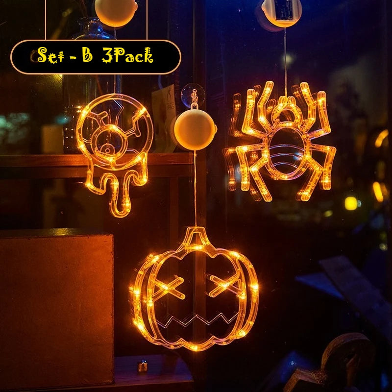 Halloween LED Window Clings Set - Suction Cup Light Decorations 3-Pack
