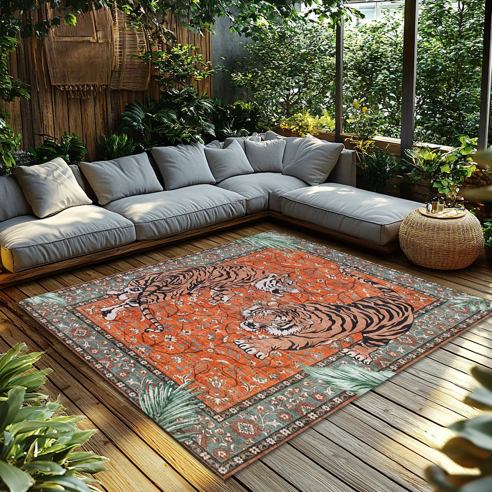 Orange Red Tiger Pattern Bohemian Rug - Ethnic Carpet for Living Room