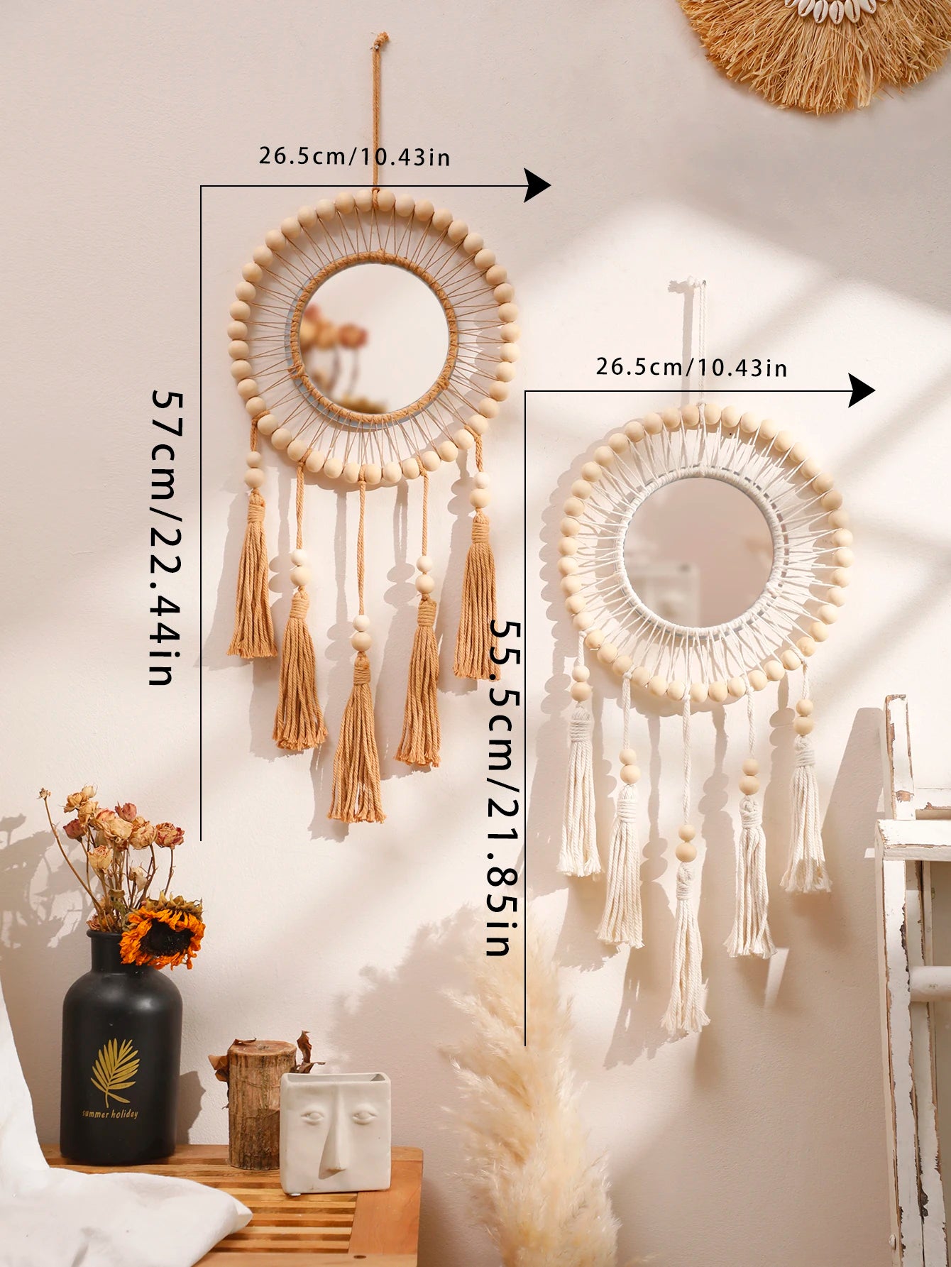 Macrame Wall Mirror with Wooden Beads - Boho Decorative Mirror, Aesthetic Wall Art