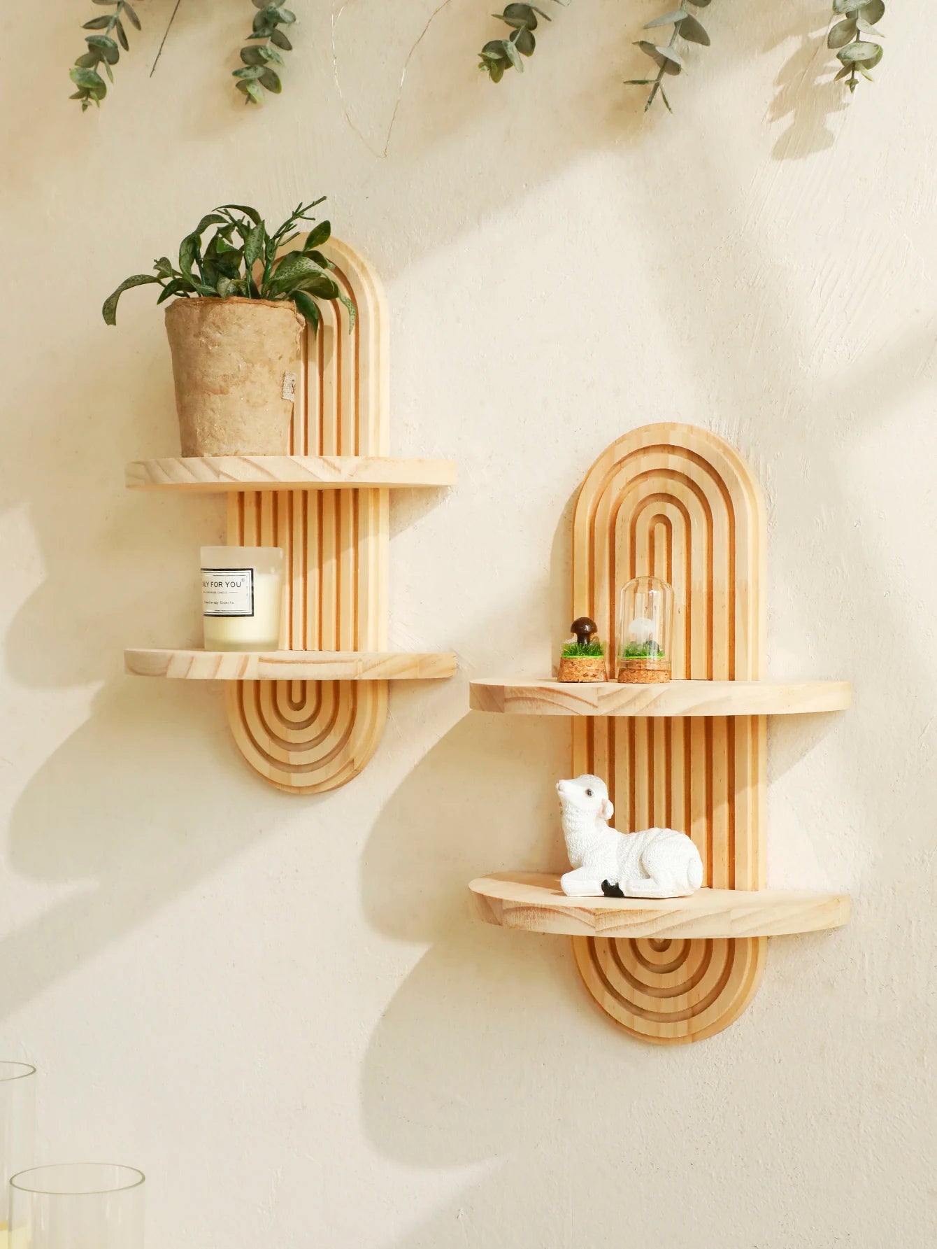 Boho Style Wooden Wall Shelves - Geometric Wall Mounted Shelves, Natural Wood Finish