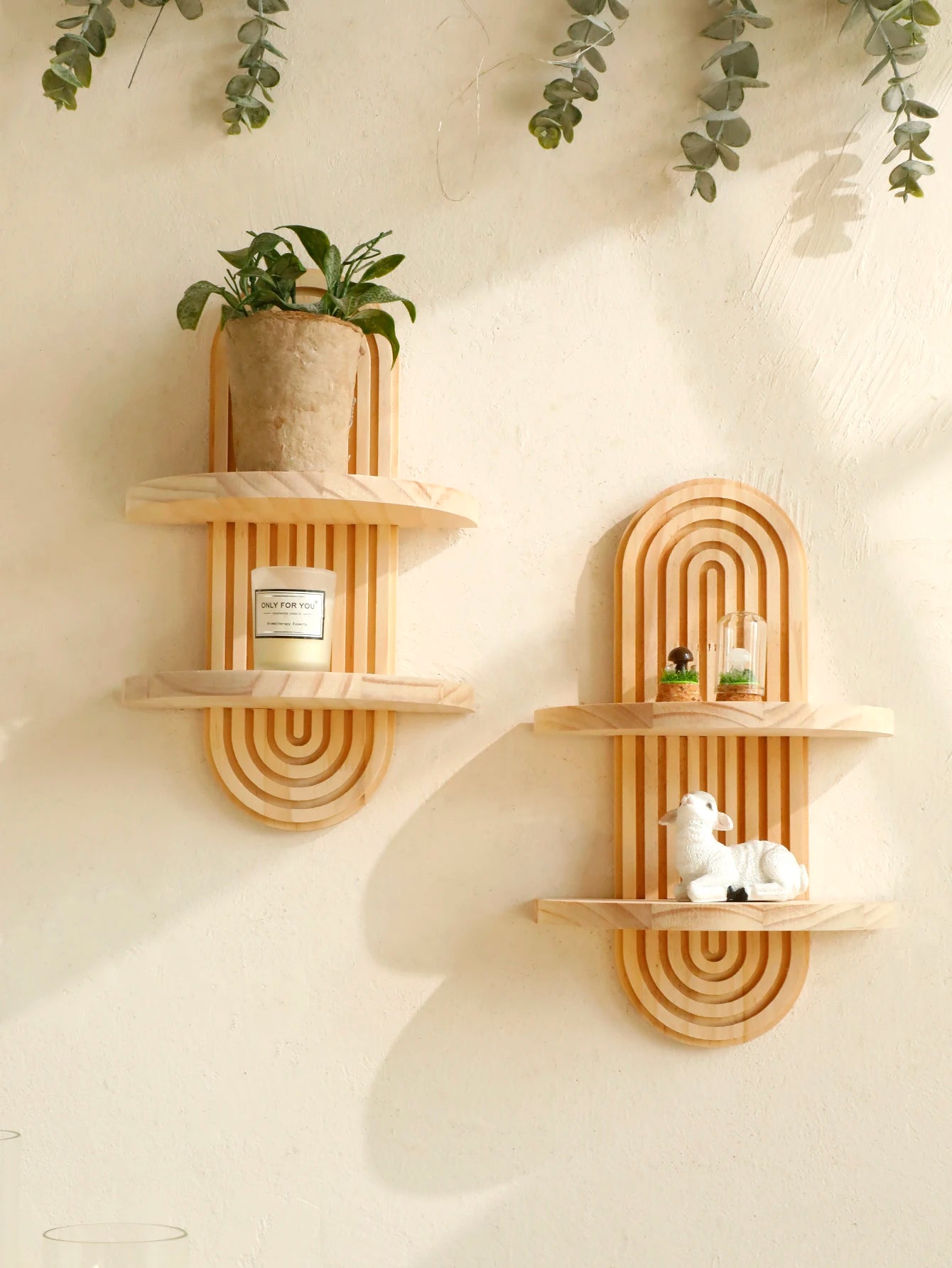 Boho Style Wooden Wall Shelves - Geometric Wall Mounted Shelves, Natural Wood Finish