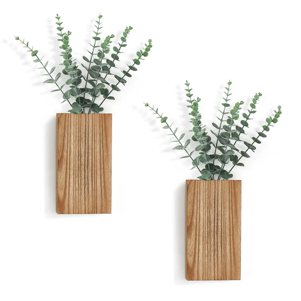 Wood Wall Planter Vase with Artificial Eucalyptus (2-Pack)