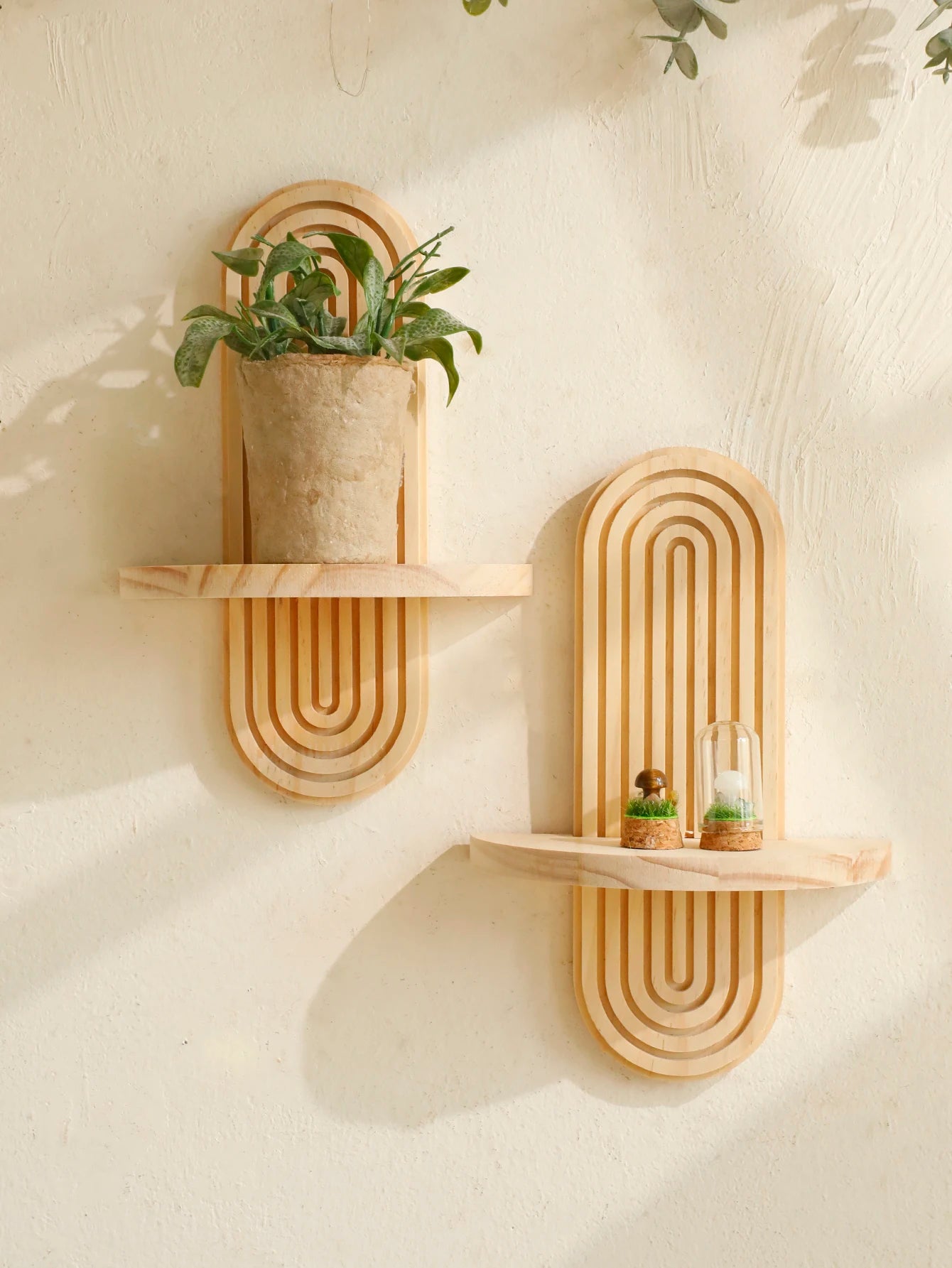 Boho Style Wooden Wall Shelves - Geometric Wall Mounted Shelves, Natural Wood Finish