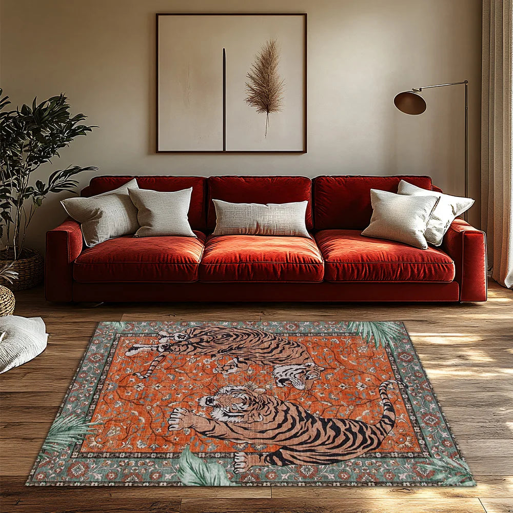 Orange Red Tiger Pattern Bohemian Rug - Ethnic Carpet for Living Room