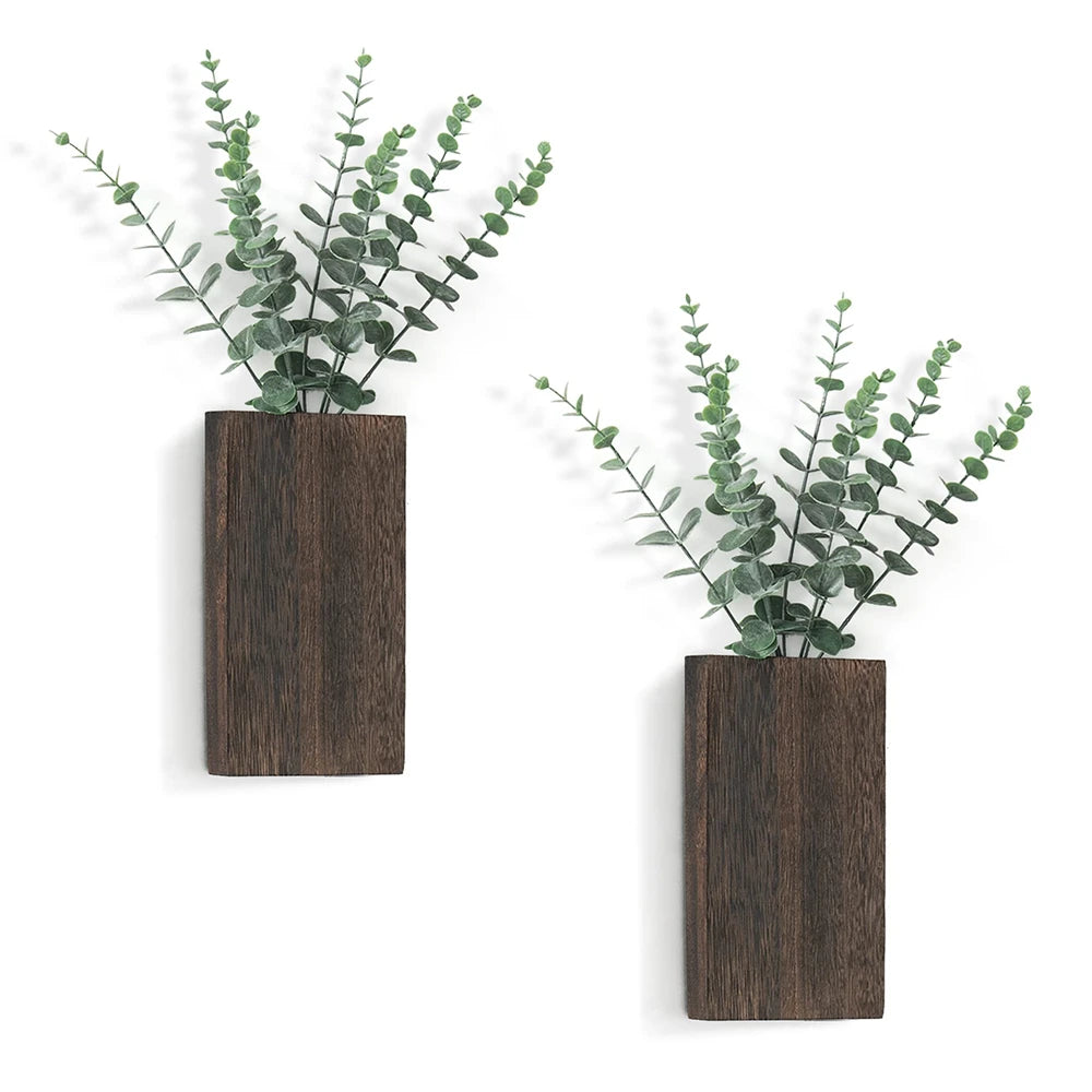 Wood Wall Planter Vase with Artificial Eucalyptus (2-Pack)