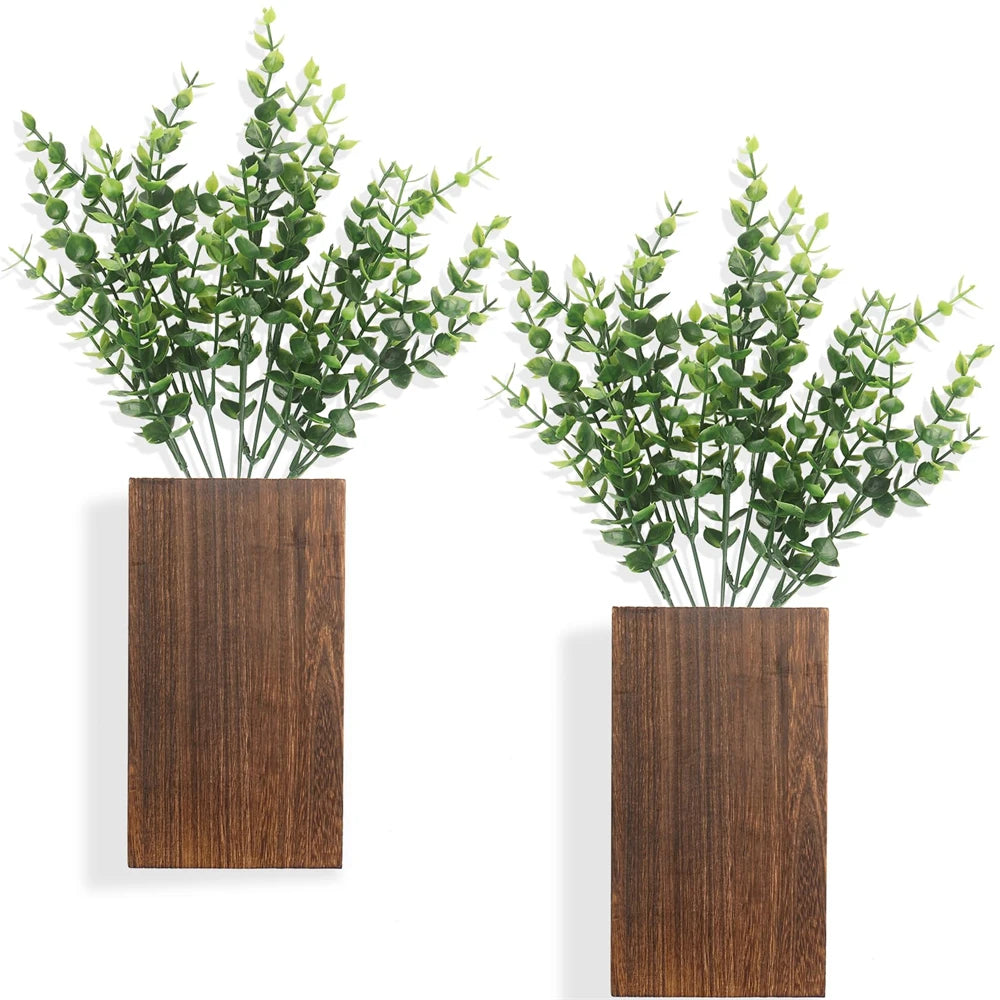 Wood Wall Planter Vase with Artificial Eucalyptus (2-Pack)