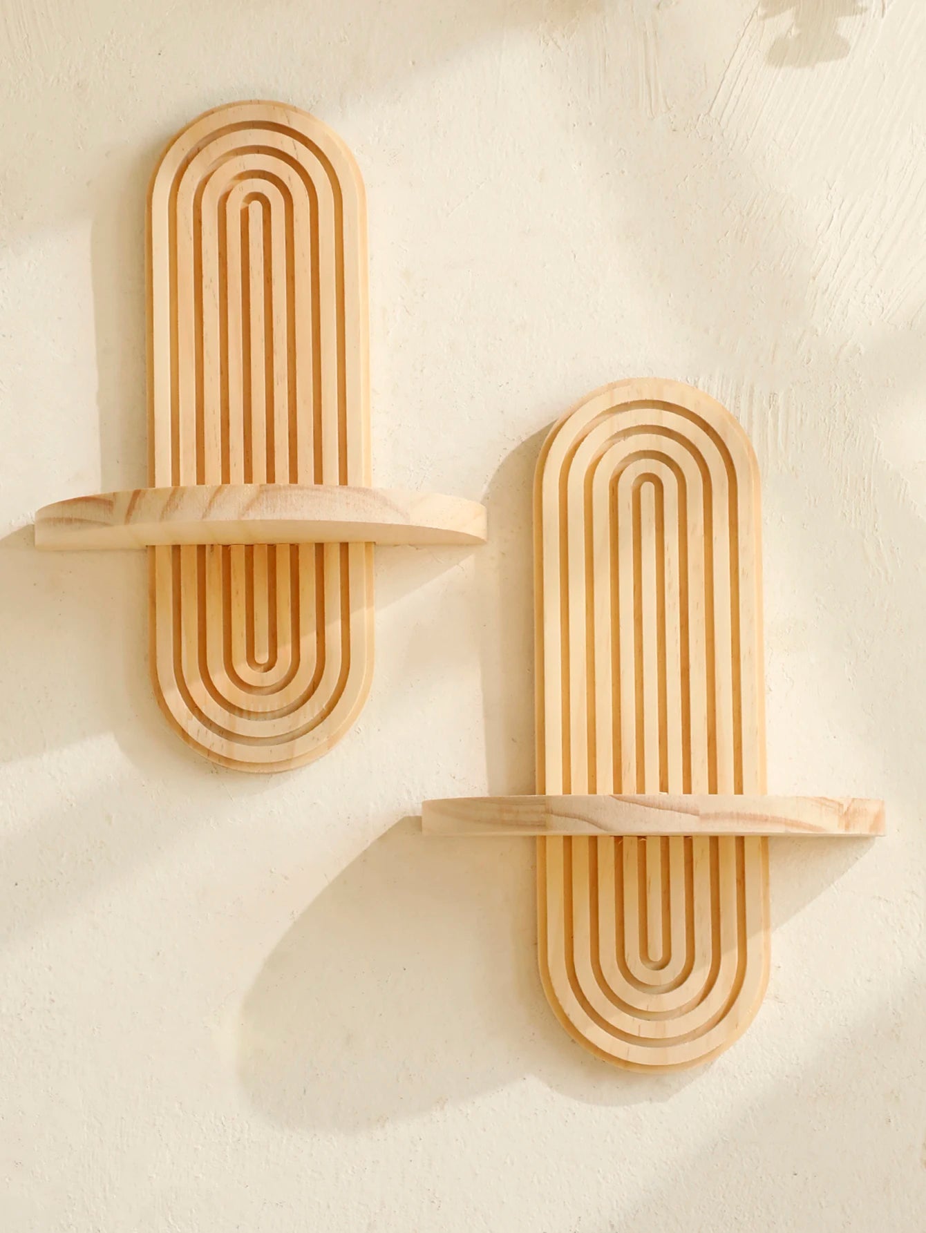 Boho Style Wooden Wall Shelves - Geometric Wall Mounted Shelves, Natural Wood Finish