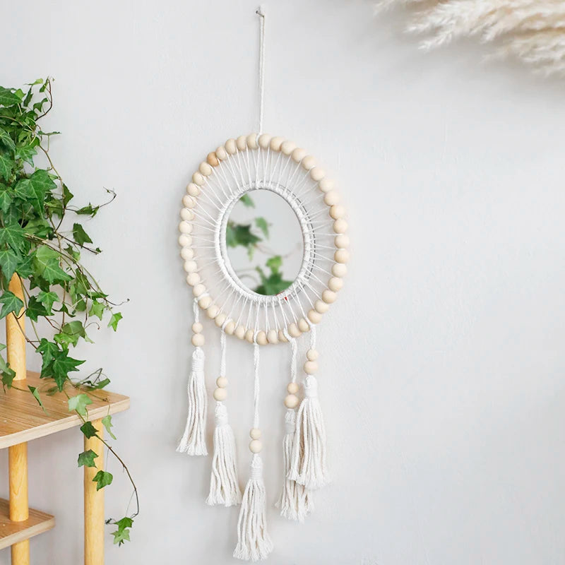 Macrame Wall Mirror with Wooden Beads - Boho Decorative Mirror, Aesthetic Wall Art
