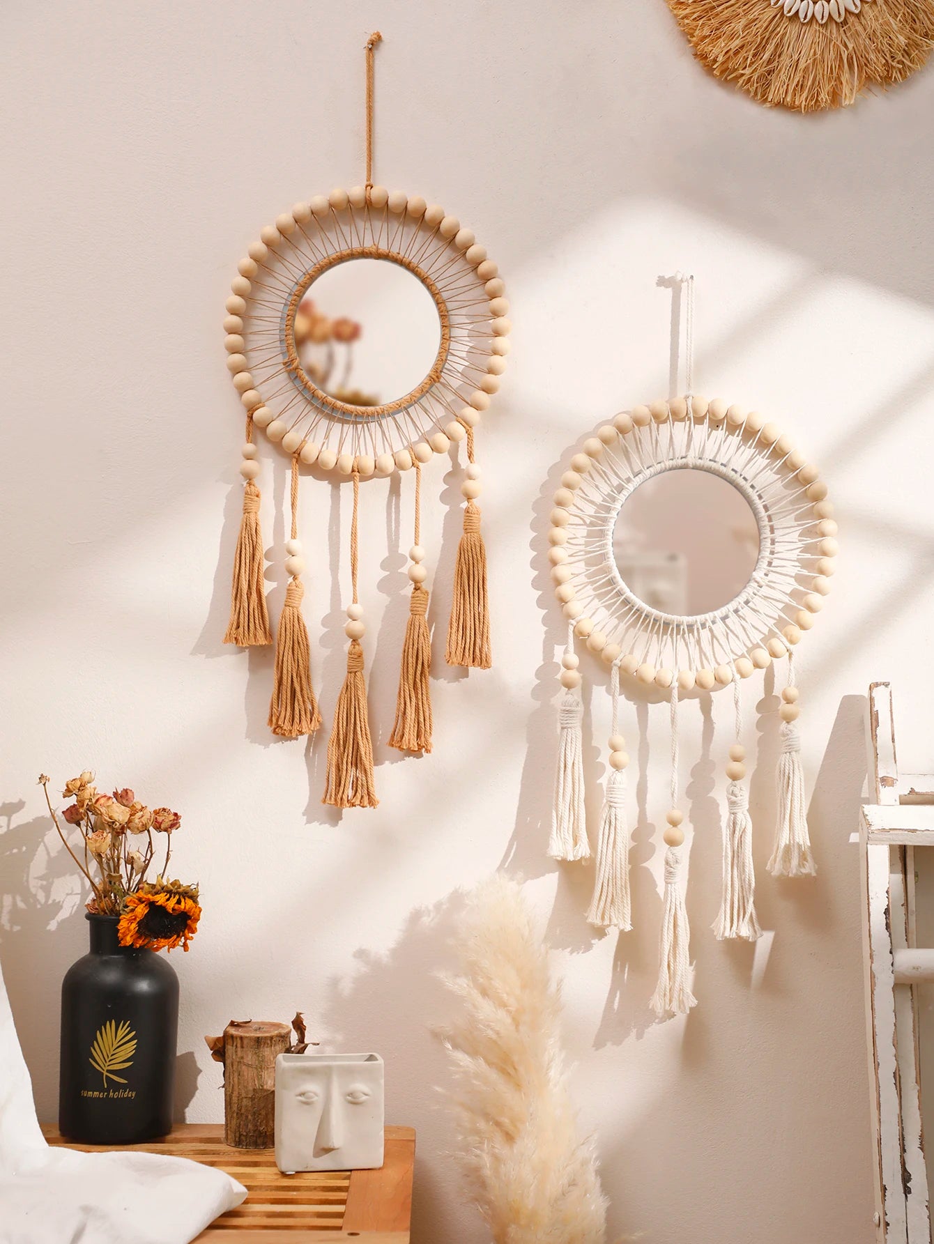 Macrame Wall Mirror with Wooden Beads - Boho Decorative Mirror, Aesthetic Wall Art