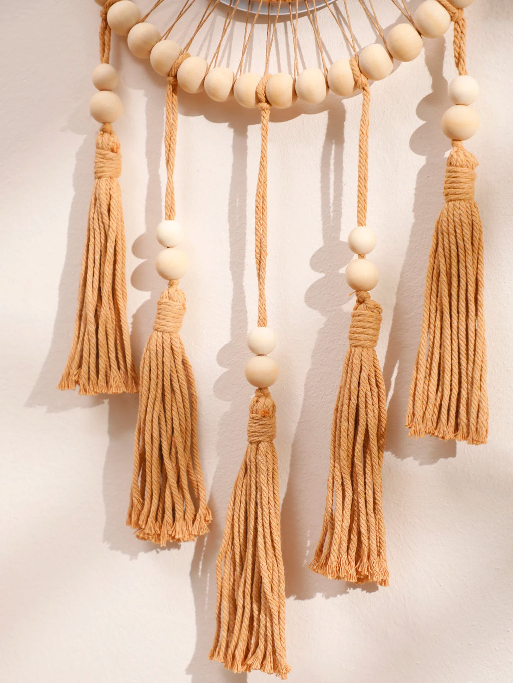 Macrame Wall Mirror with Wooden Beads - Boho Decorative Mirror, Aesthetic Wall Art