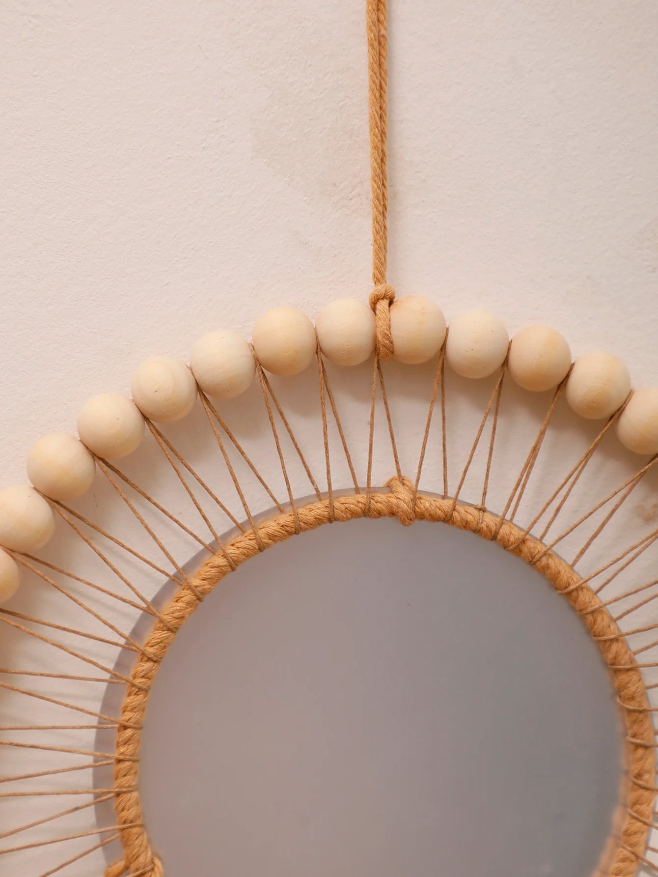 Macrame Wall Mirror with Wooden Beads - Boho Decorative Mirror, Aesthetic Wall Art