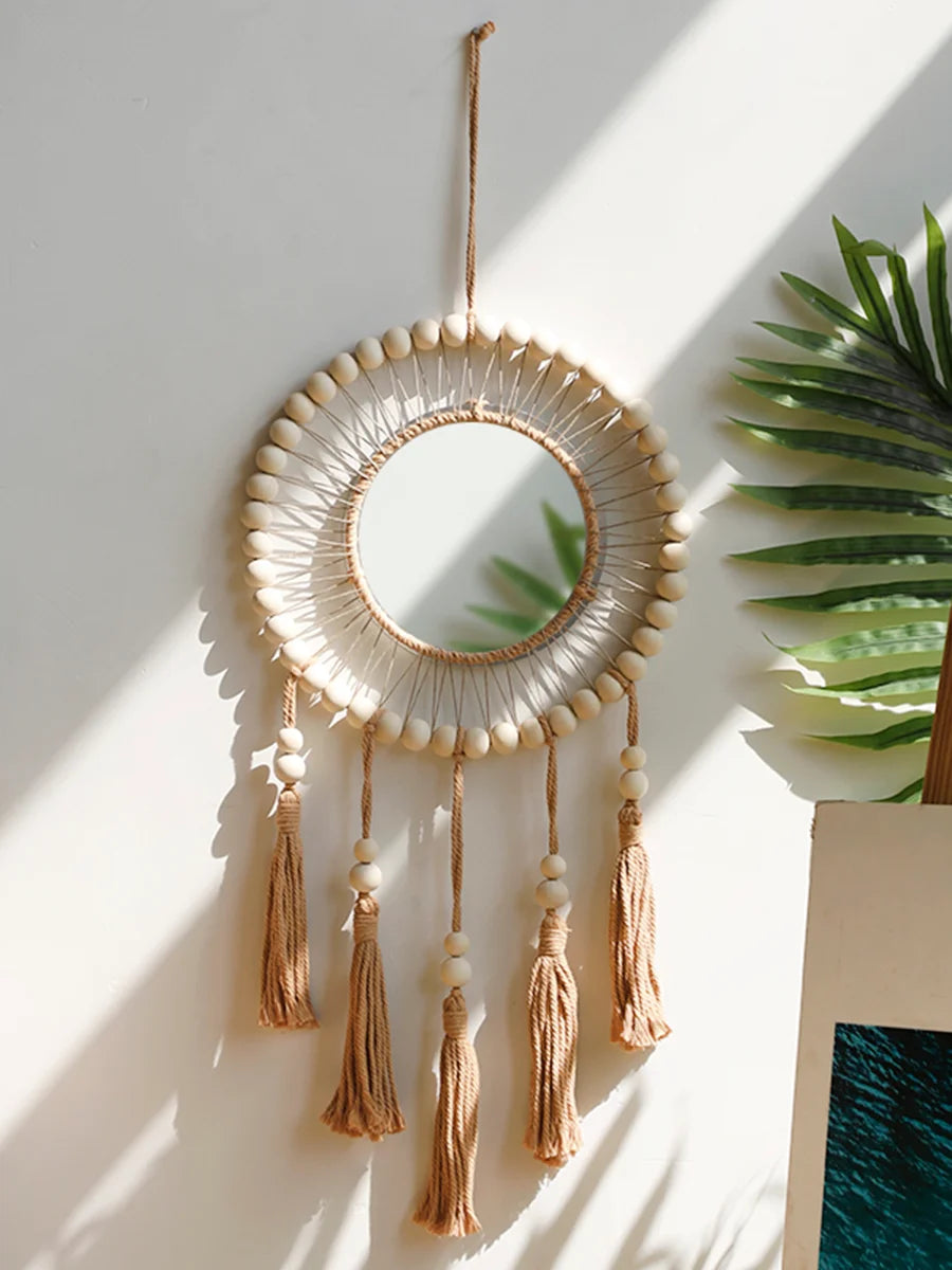 Macrame Wall Mirror with Wooden Beads - Boho Decorative Mirror, Aesthetic Wall Art
