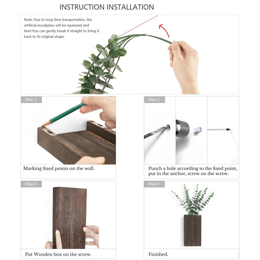 Wood Wall Planter Vase with Artificial Eucalyptus (2-Pack)