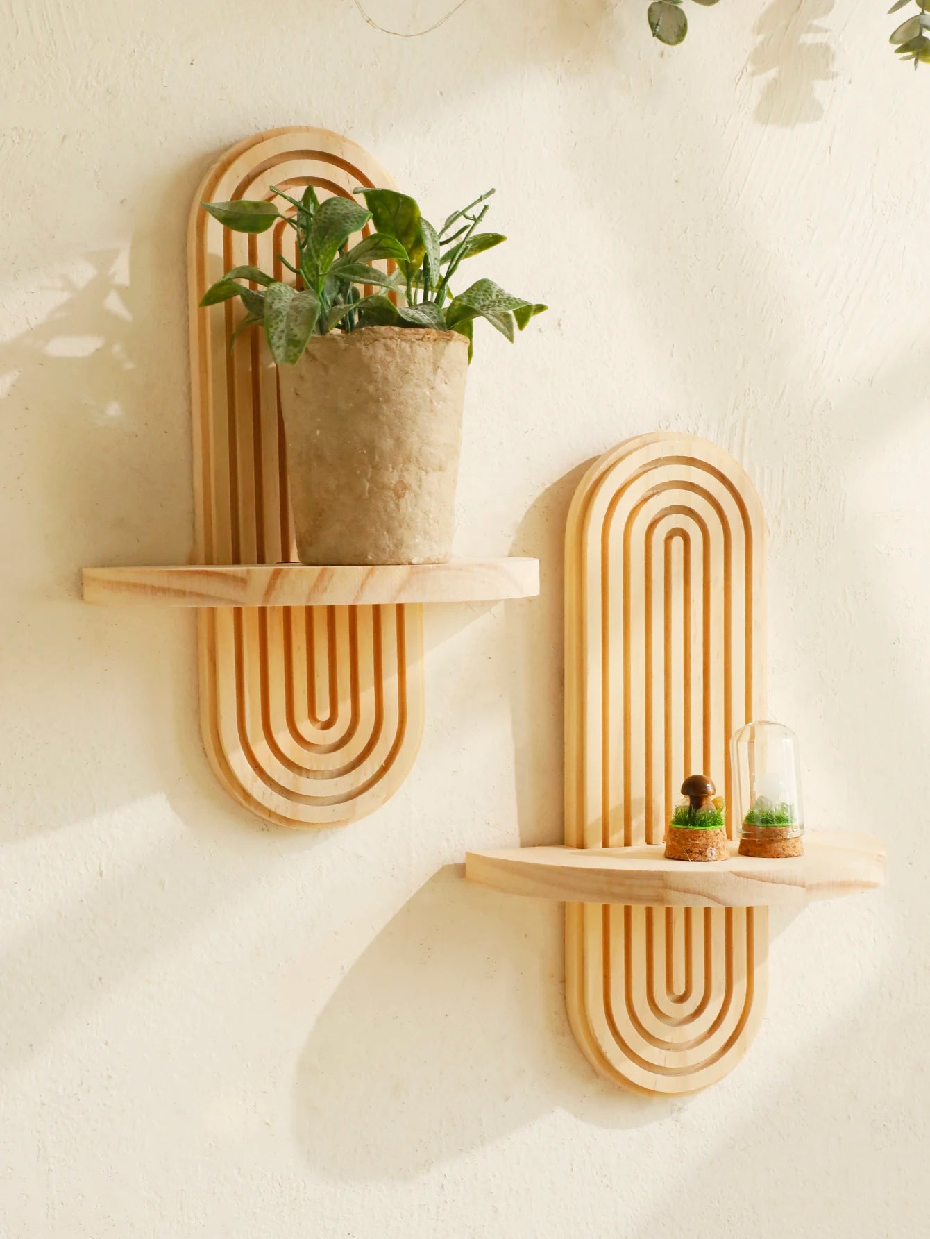 Boho Style Wooden Wall Shelves - Geometric Wall Mounted Shelves, Natural Wood Finish