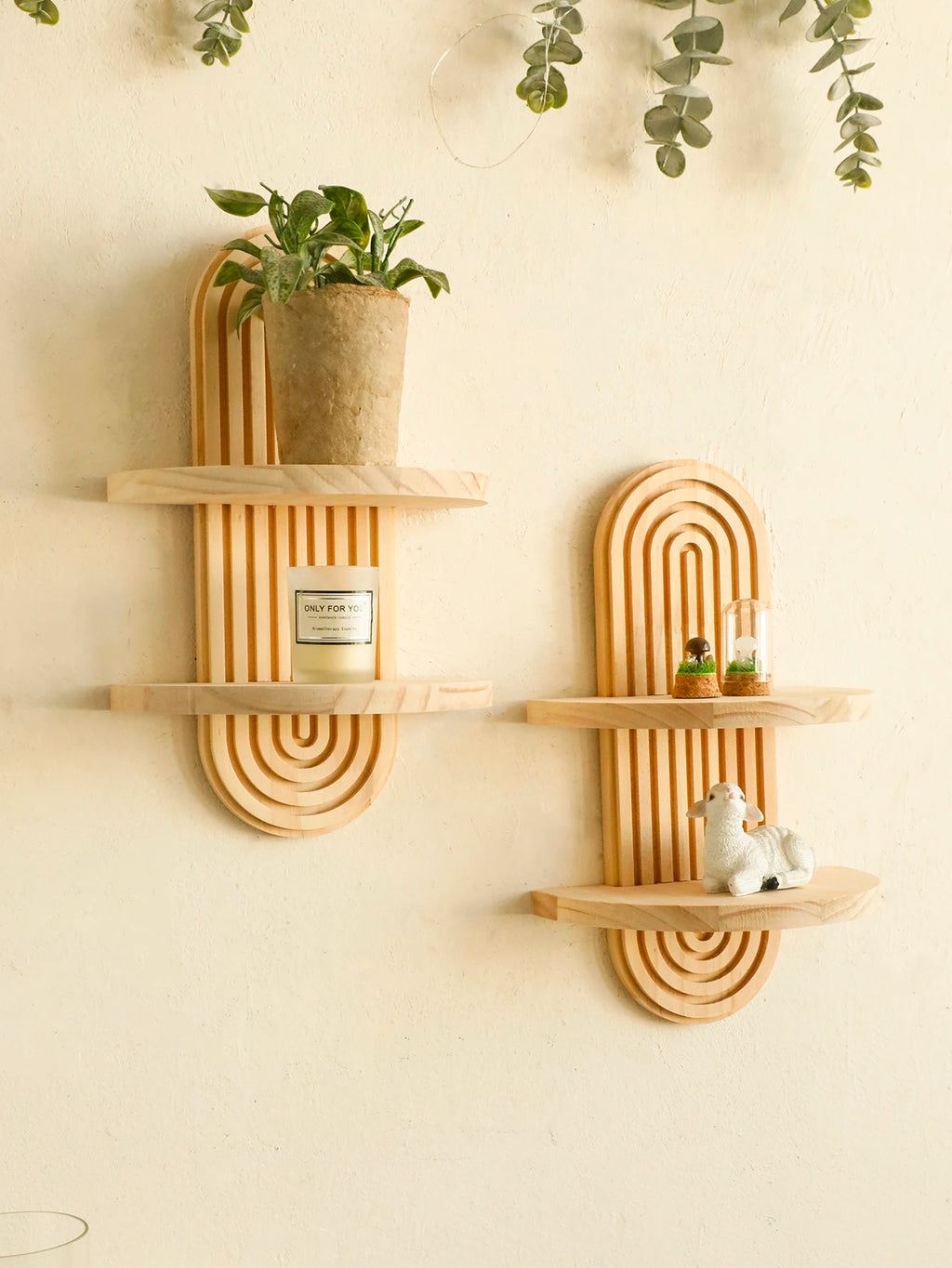Boho Style Wooden Wall Shelves - Geometric Wall Mounted Shelves, Natural Wood Finish