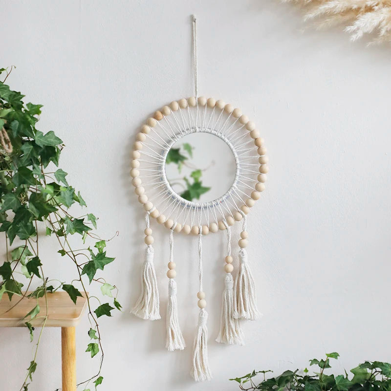 Macrame Wall Mirror with Wooden Beads - Boho Decorative Mirror, Aesthetic Wall Art