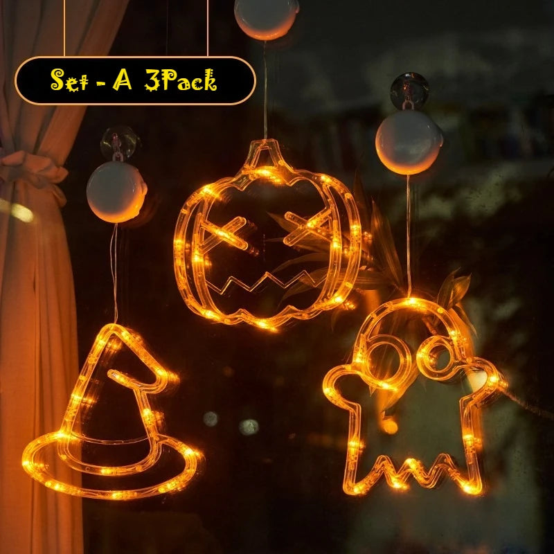 Halloween LED Window Clings Set - Suction Cup Light Decorations 3-Pack