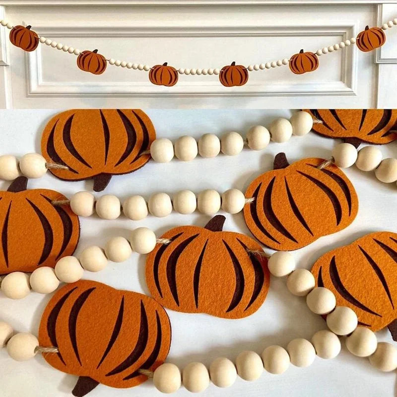 98-Inch Fall Pumpkin Garland - Wooden Bead Autumn Thanksgiving Halloween Decor
