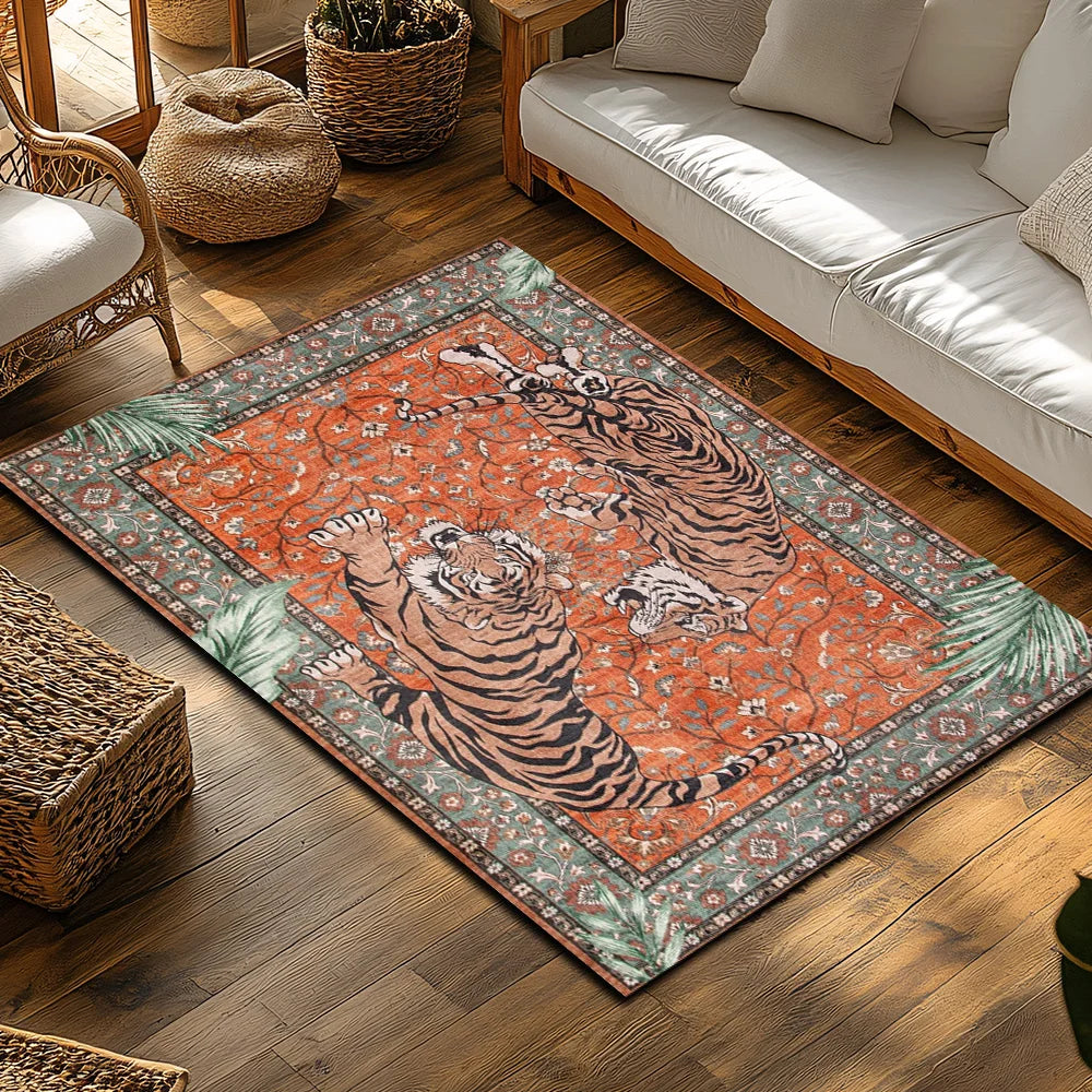 Orange Red Tiger Pattern Bohemian Rug - Ethnic Carpet for Living Room