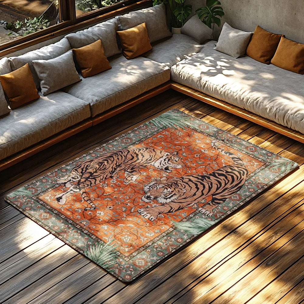 Orange Red Tiger Pattern Bohemian Rug - Ethnic Carpet for Living Room