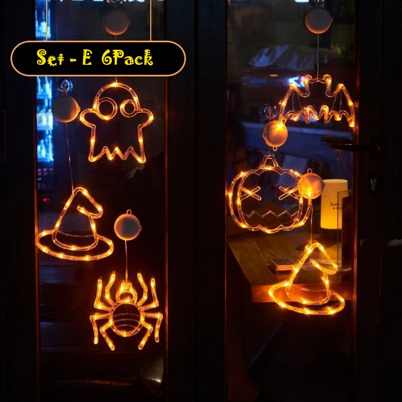 Halloween LED Window Clings Set - Suction Cup Light Decorations 3-Pack