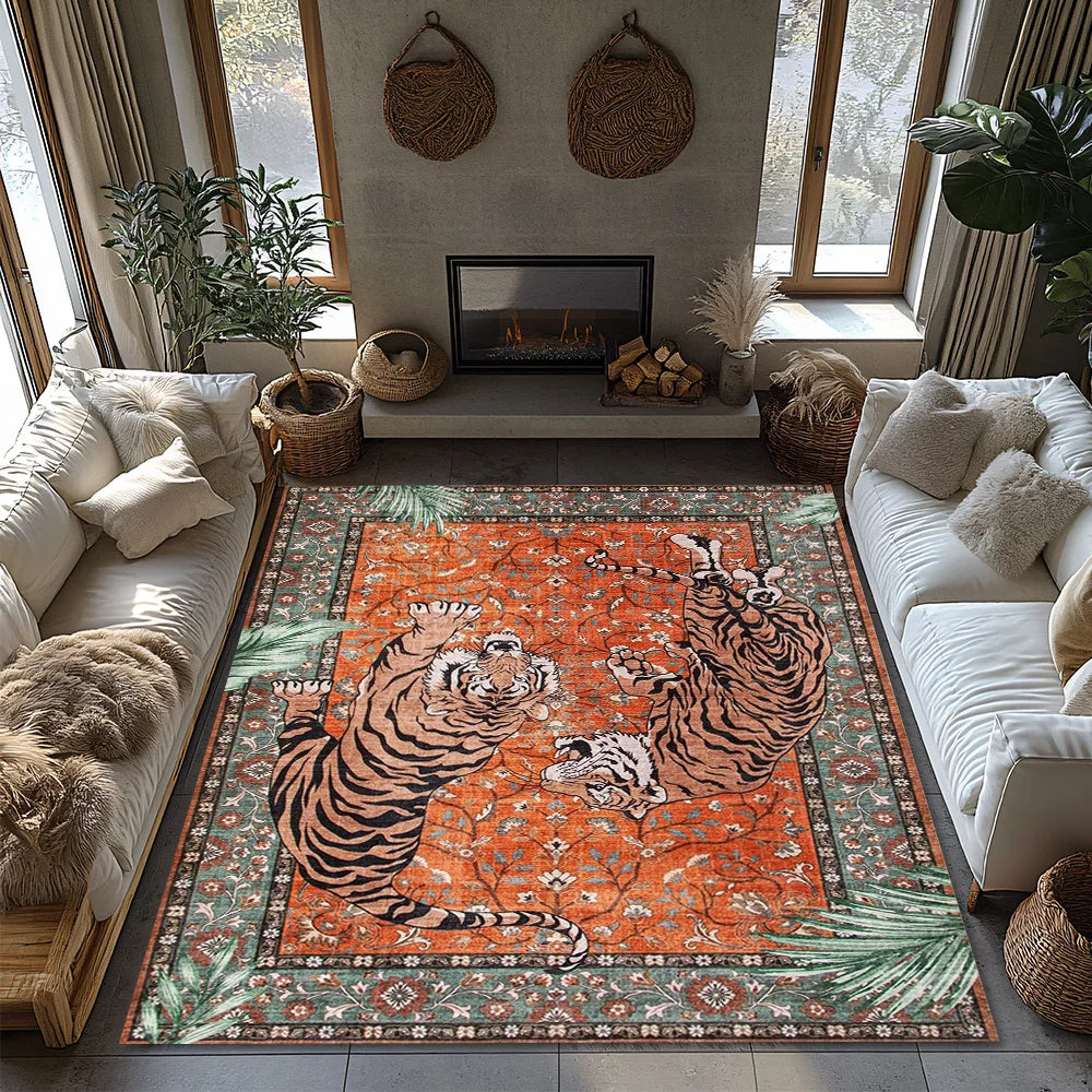 Orange Red Tiger Pattern Bohemian Rug - Ethnic Carpet for Living Room