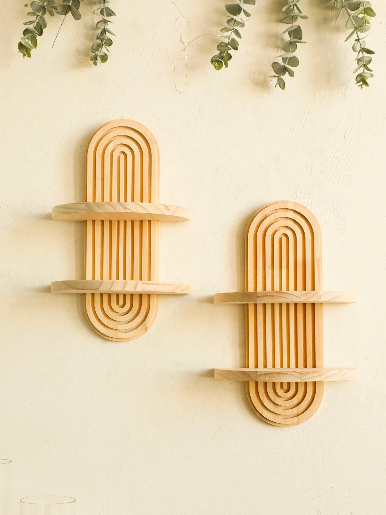 Boho Style Wooden Wall Shelves - Geometric Wall Mounted Shelves, Natural Wood Finish