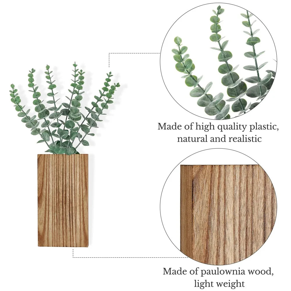 Wood Wall Planter Vase with Artificial Eucalyptus (2-Pack)