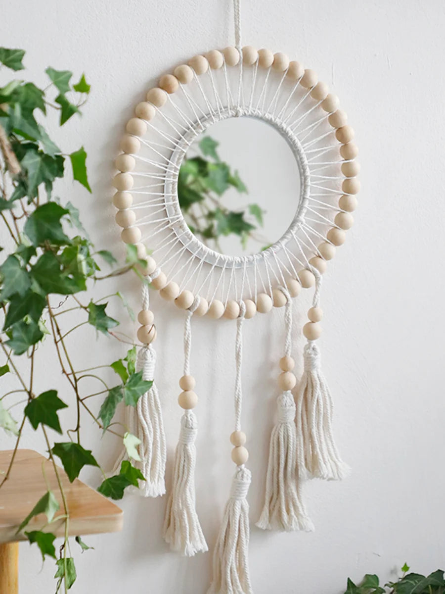 Macrame Wall Mirror with Wooden Beads - Boho Decorative Mirror, Aesthetic Wall Art