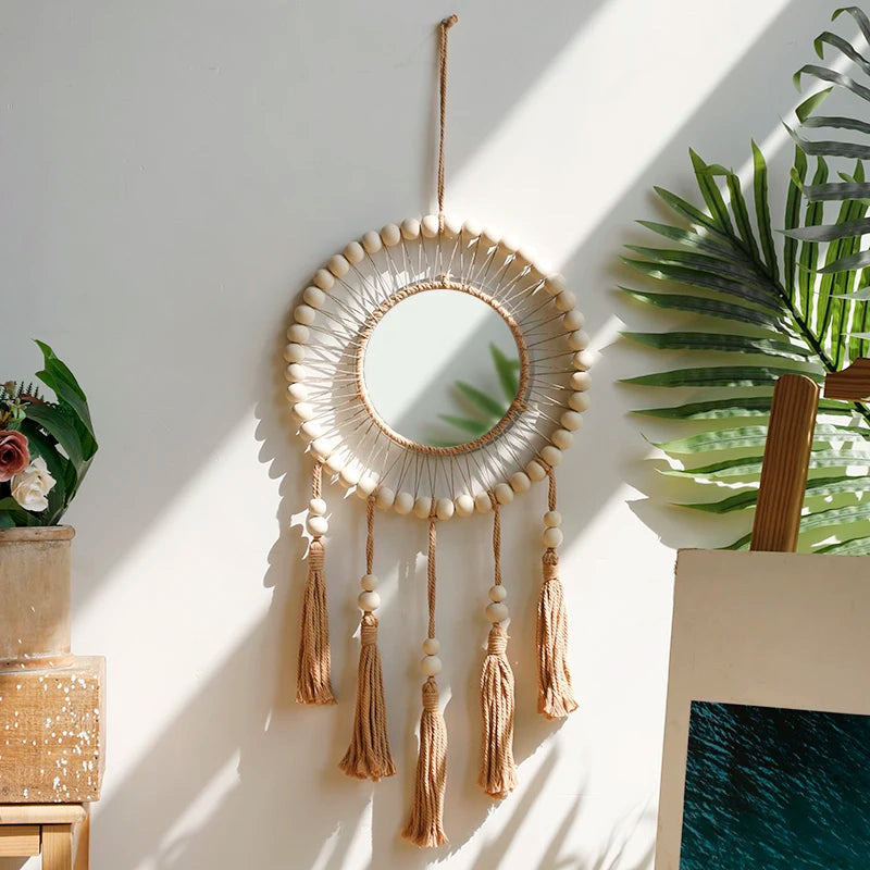 Macrame Wall Mirror with Wooden Beads - Boho Decorative Mirror, Aesthetic Wall Art