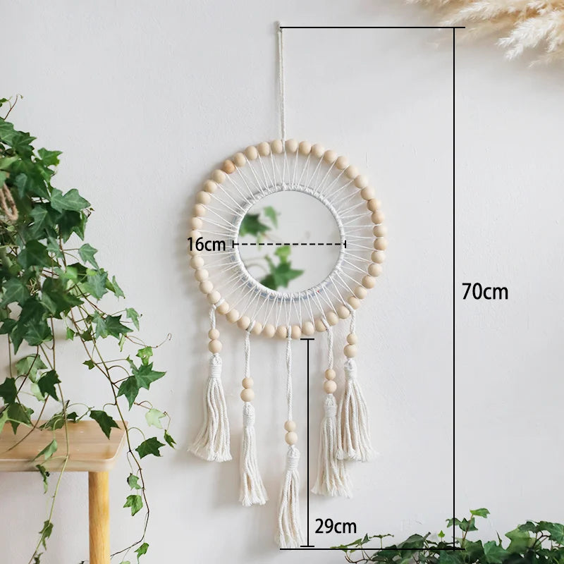 Macrame Wall Mirror with Wooden Beads - Boho Decorative Mirror, Aesthetic Wall Art