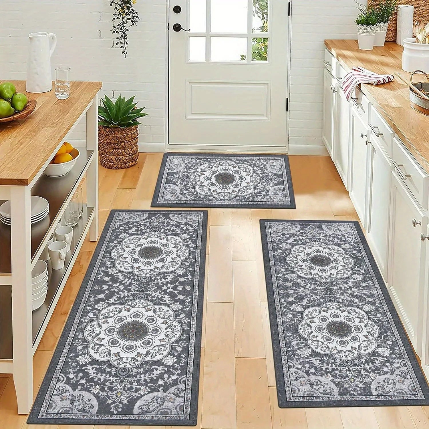 3-Piece Bohemian Floor Mat Set - Non-Slip Kitchen & Bedroom Rugs