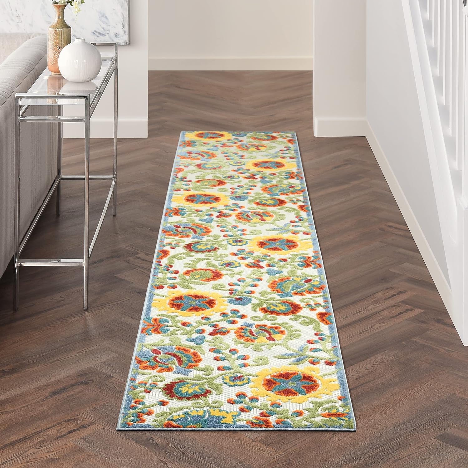 Aloha Indoor/Outdoor Ivory/Multi 2'3" X 10' Area Rug, Easy Cleaning, Non Shedding, Bed Room, Living Room, Dining Room, Backyard, Deck, Patio (2X10)
