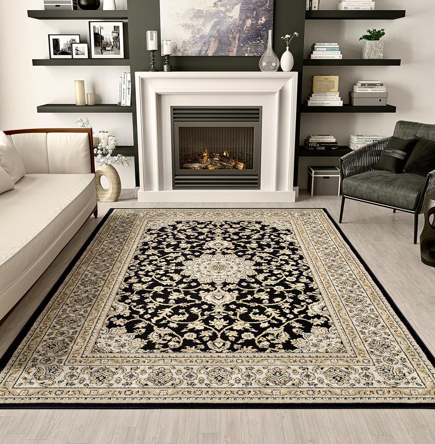 Area Rugs, Medallion Traditional Rugs for Bedroom & Living Room, Oriental Rugs, Easy-Cleaning, Washable, Stain Resistant, Eco-Friendly (Black, Large 8X11)