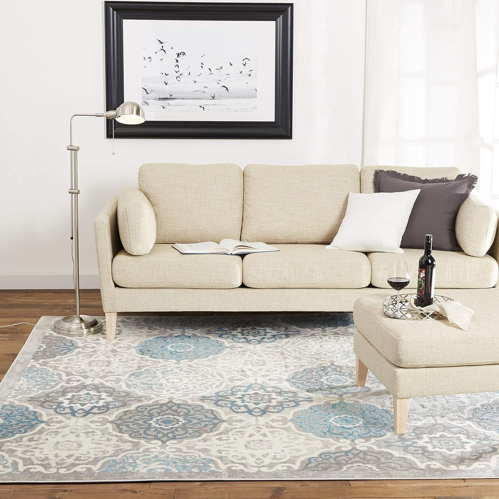 Boho Andorra Transitional Damask Area Rug, Grey/Blue, 5'2"X7'2"