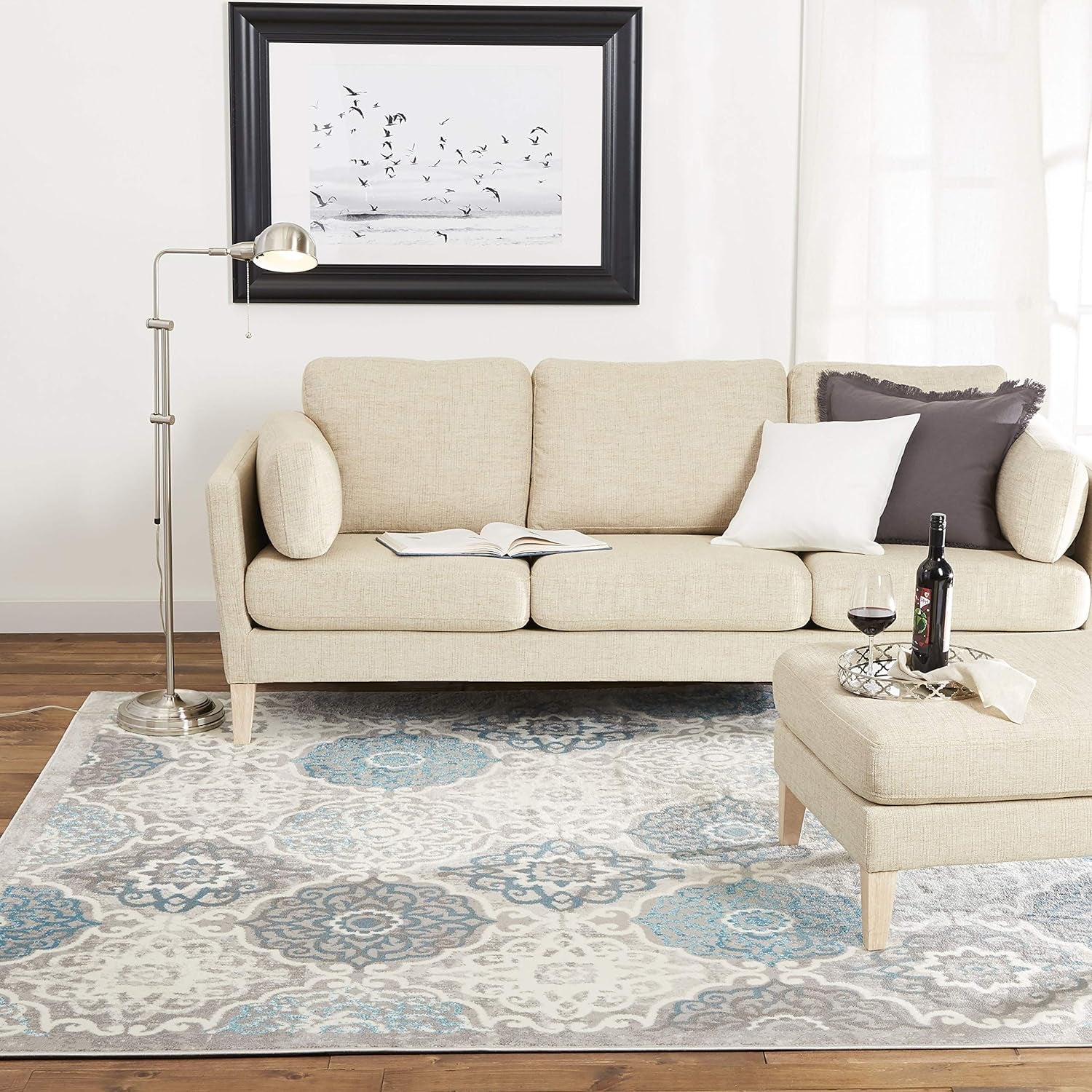 Boho Andorra Transitional Damask Area Rug, Grey/Blue, 5'2"X7'2"