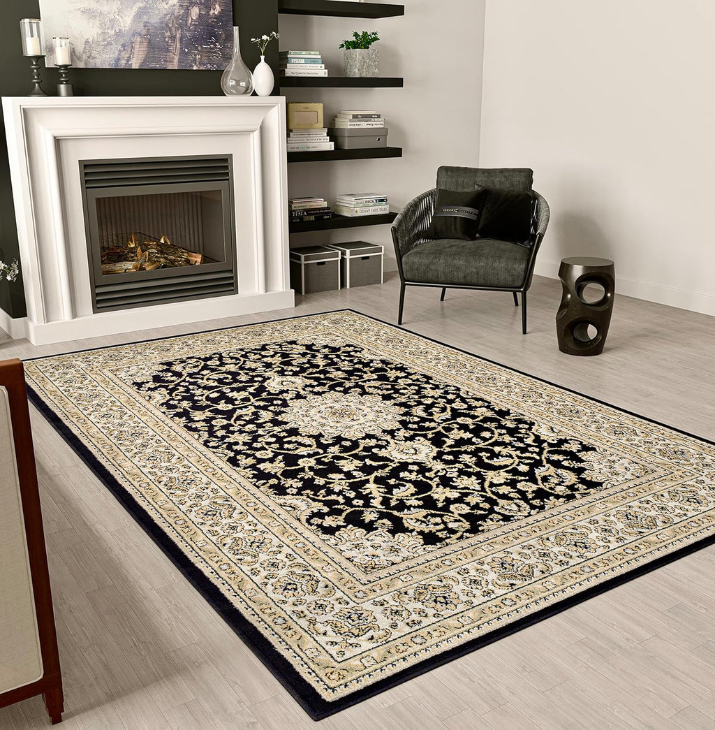 Area Rugs, Medallion Traditional Rugs for Bedroom & Living Room, Oriental Rugs, Easy-Cleaning, Washable, Stain Resistant, Eco-Friendly (Black, Large 8X11)