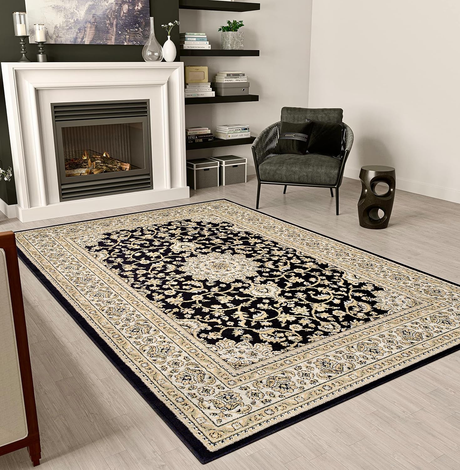 Area Rugs, Medallion Traditional Rugs for Bedroom & Living Room, Oriental Rugs, Easy-Cleaning, Washable, Stain Resistant, Eco-Friendly (Black, Large 8X11)